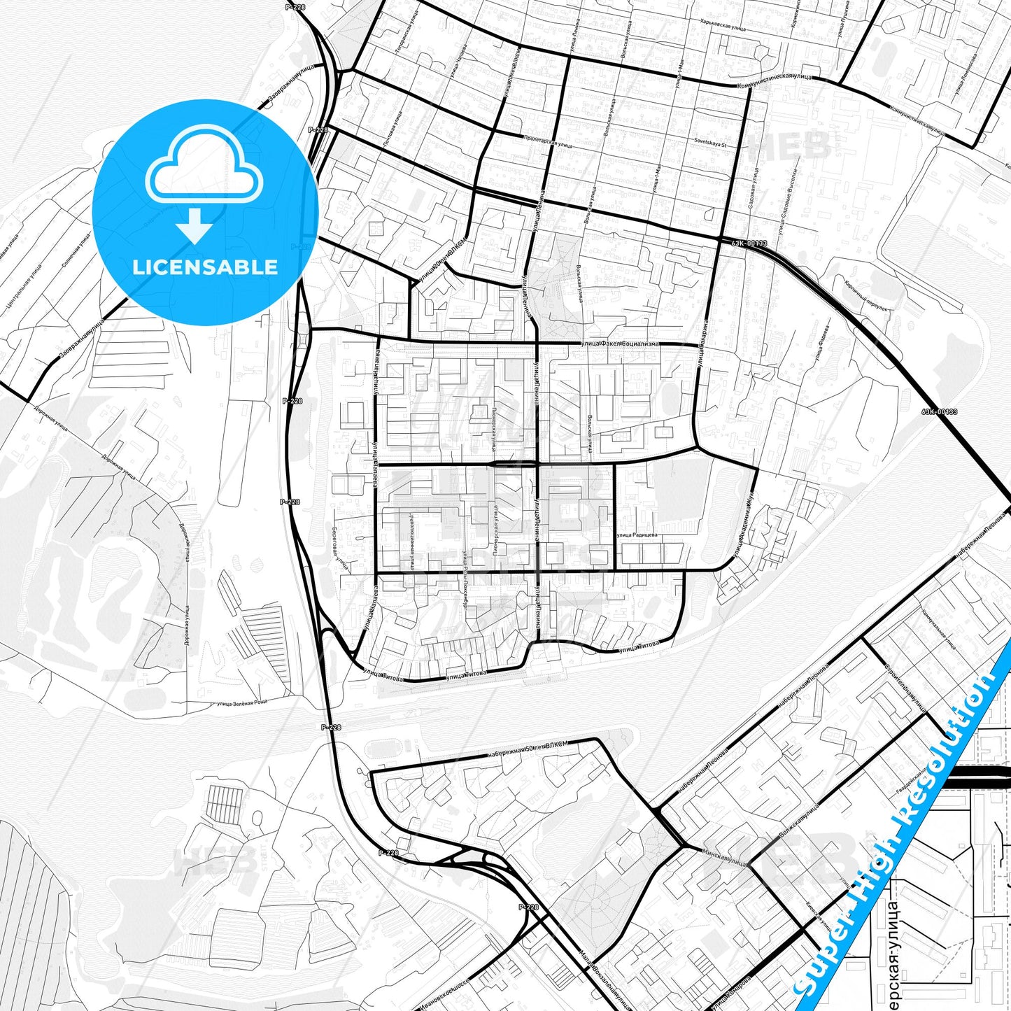 Balakovo, Russia Light Map with Street Names, City Names, and Districts