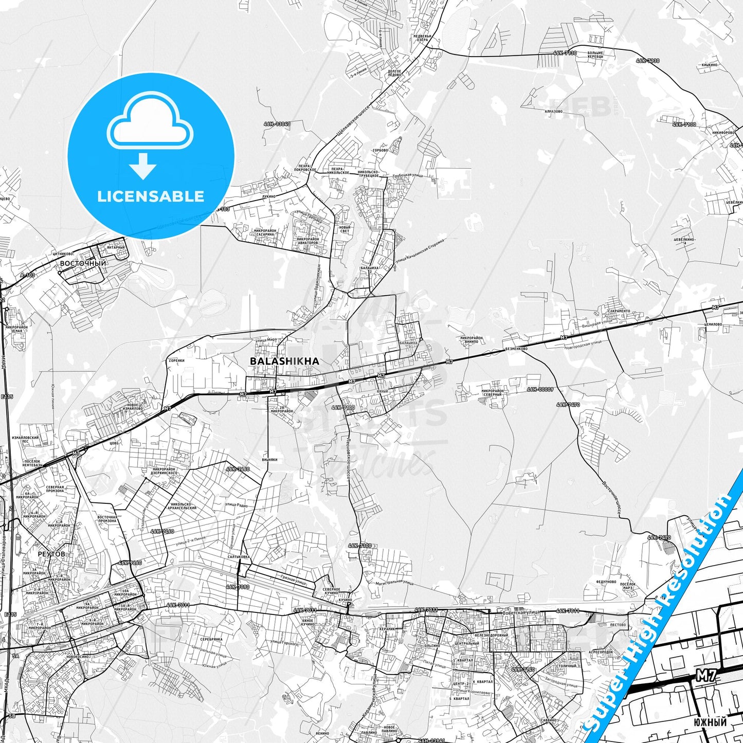Balashikha, Russia light map with streetnames, citynames and districts
