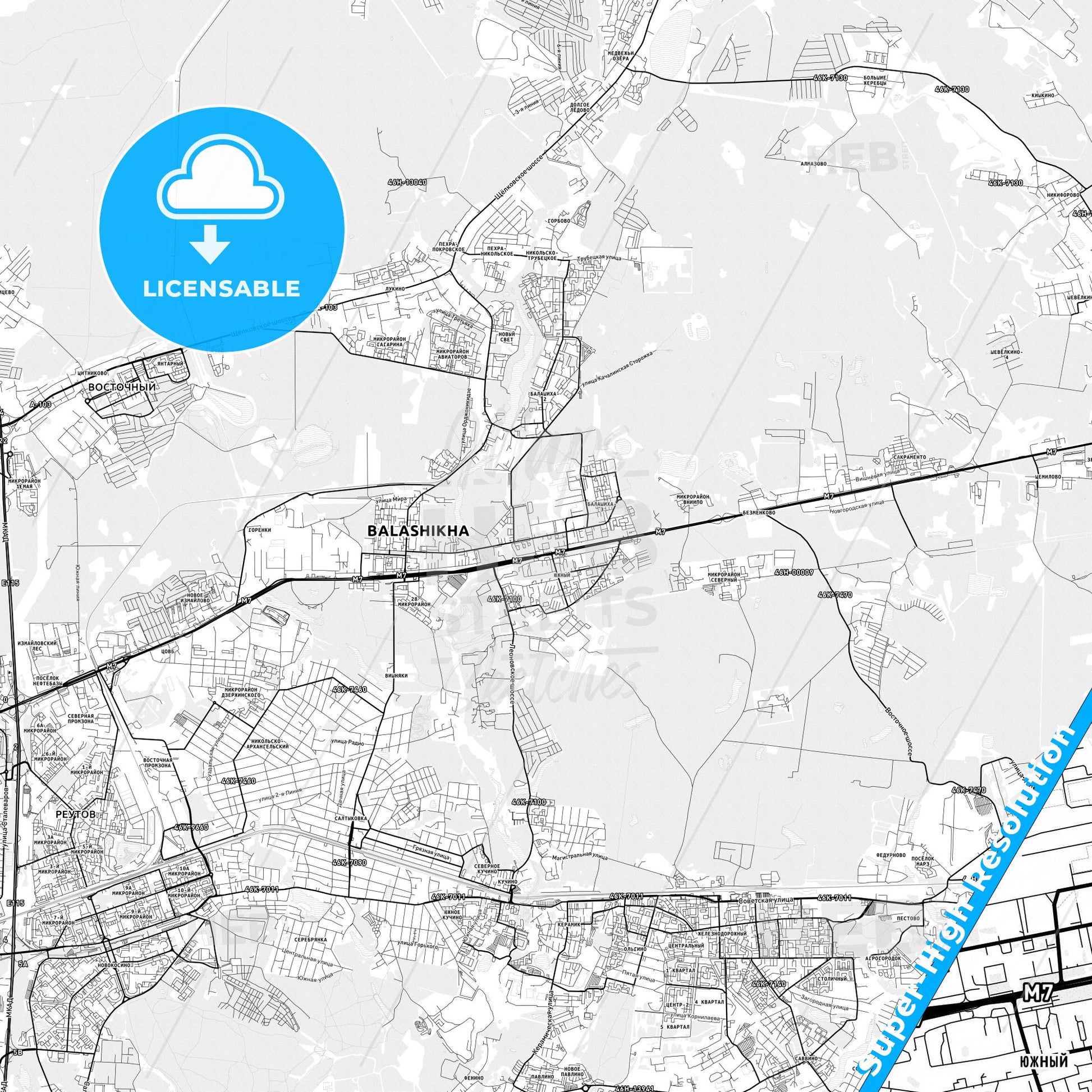 Balashikha, Russia light map with streetnames, citynames and districts