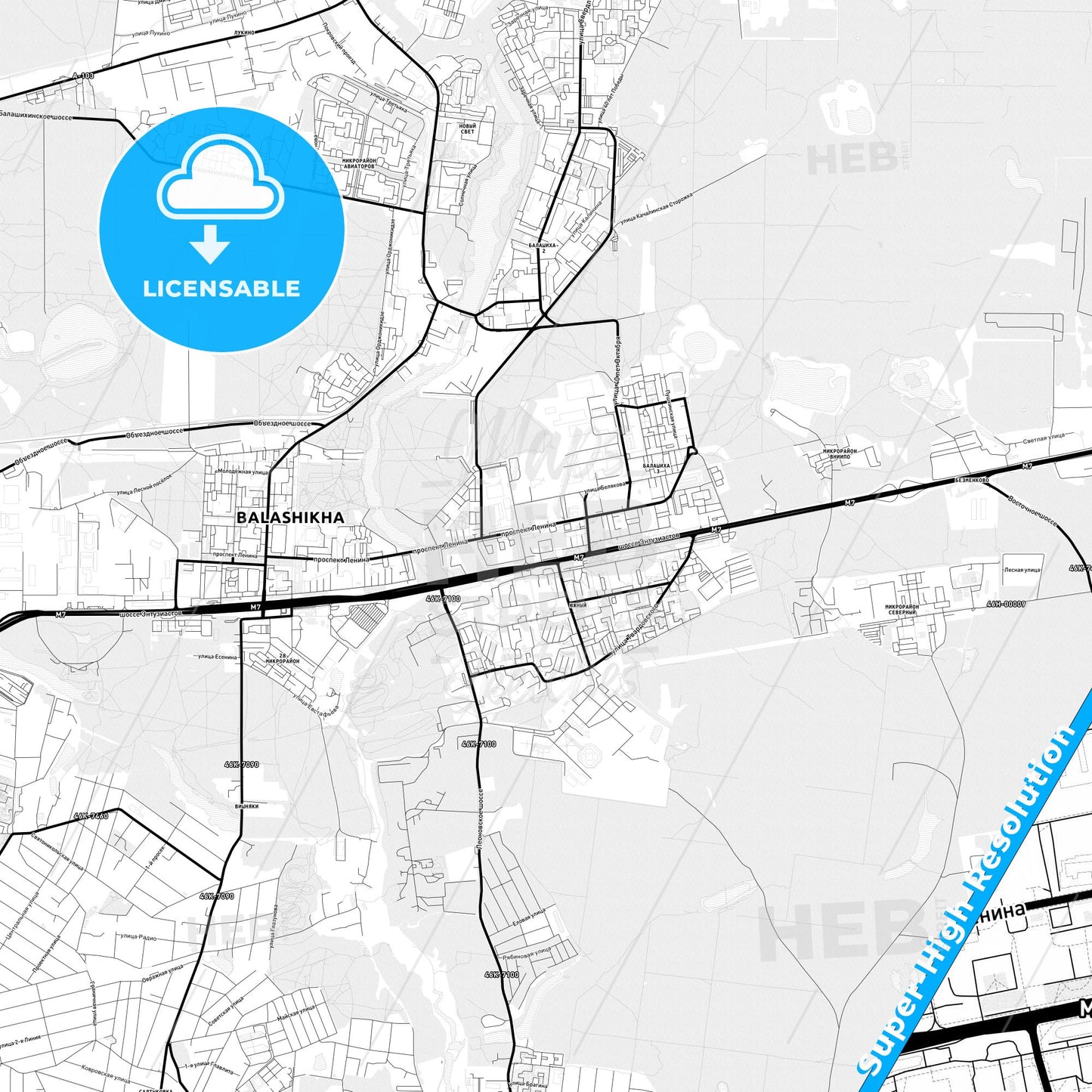Balashikha, Russia Light Map with Street Names, City Names, and Districts