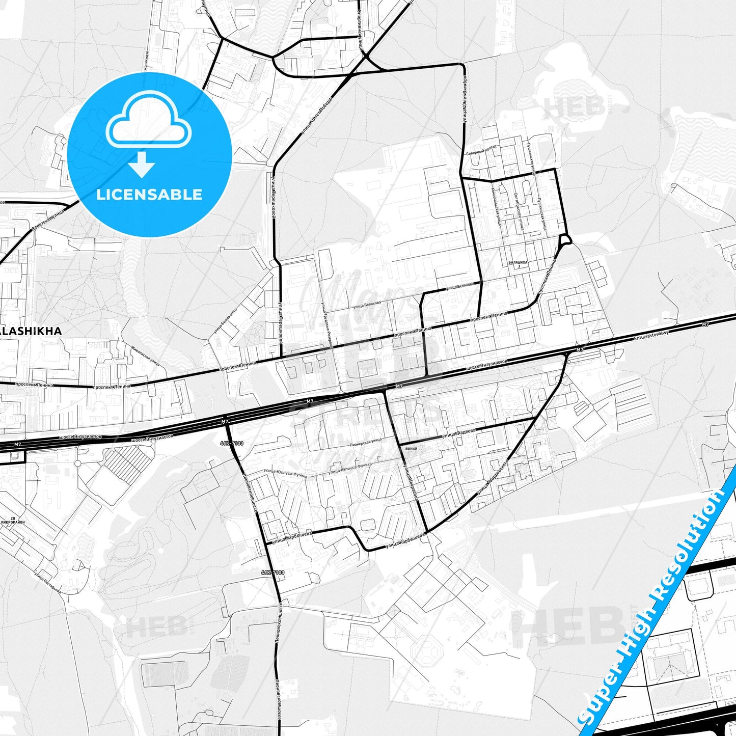 Balashikha, Russia Light Map with Street Names, City Names, and Districts