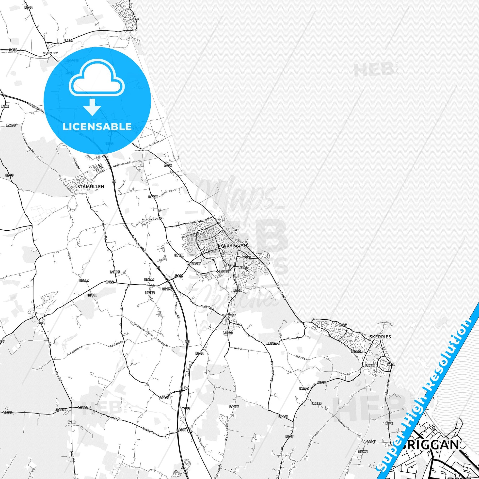 Balbriggan, Ireland light map with streetnames, citynames and districts
