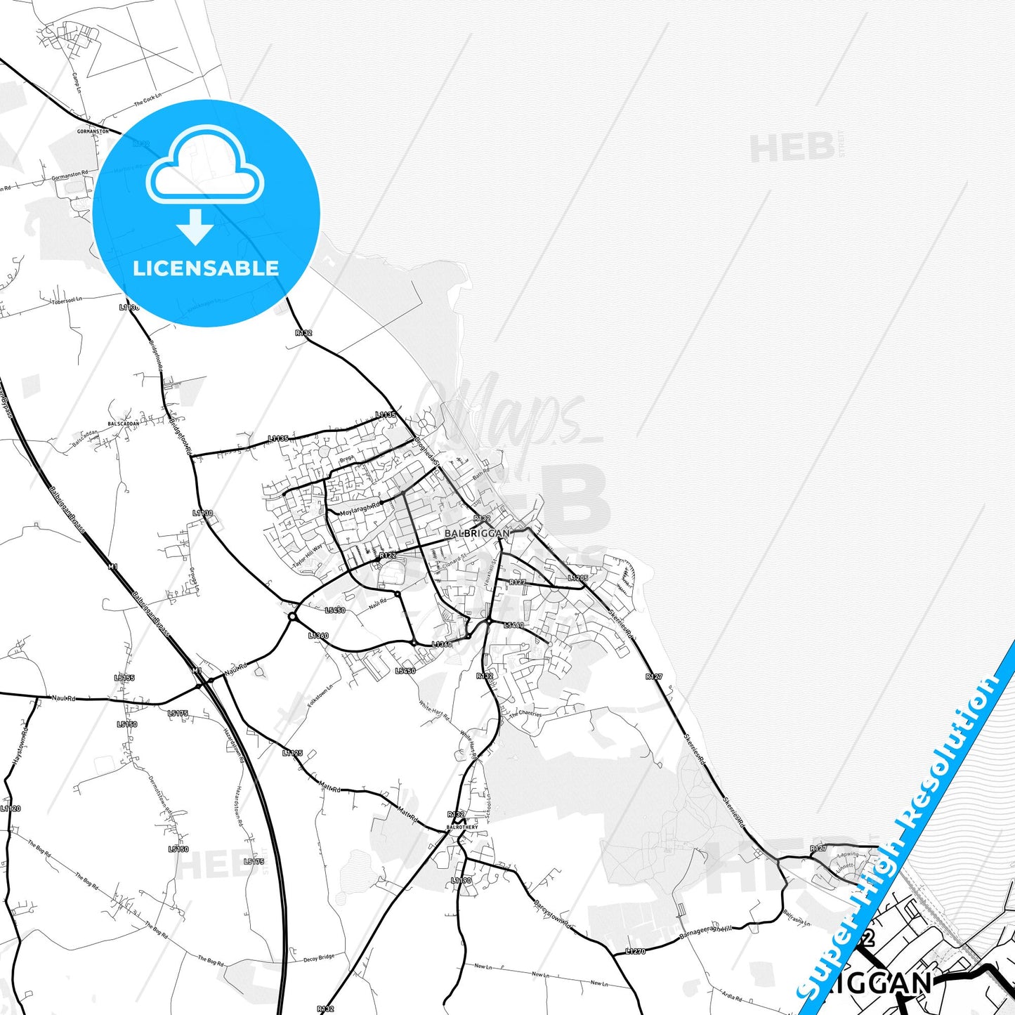 Balbriggan, Ireland Light Map with Street Names, City Names, and Districts