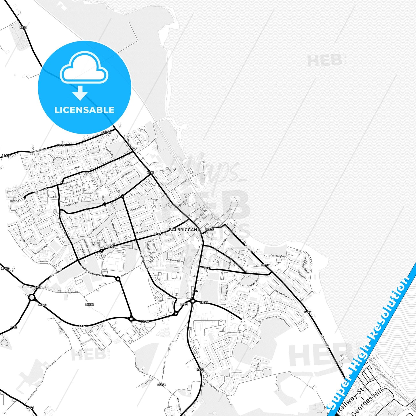 Balbriggan, Ireland Light Map with Street Names, City Names, and Districts