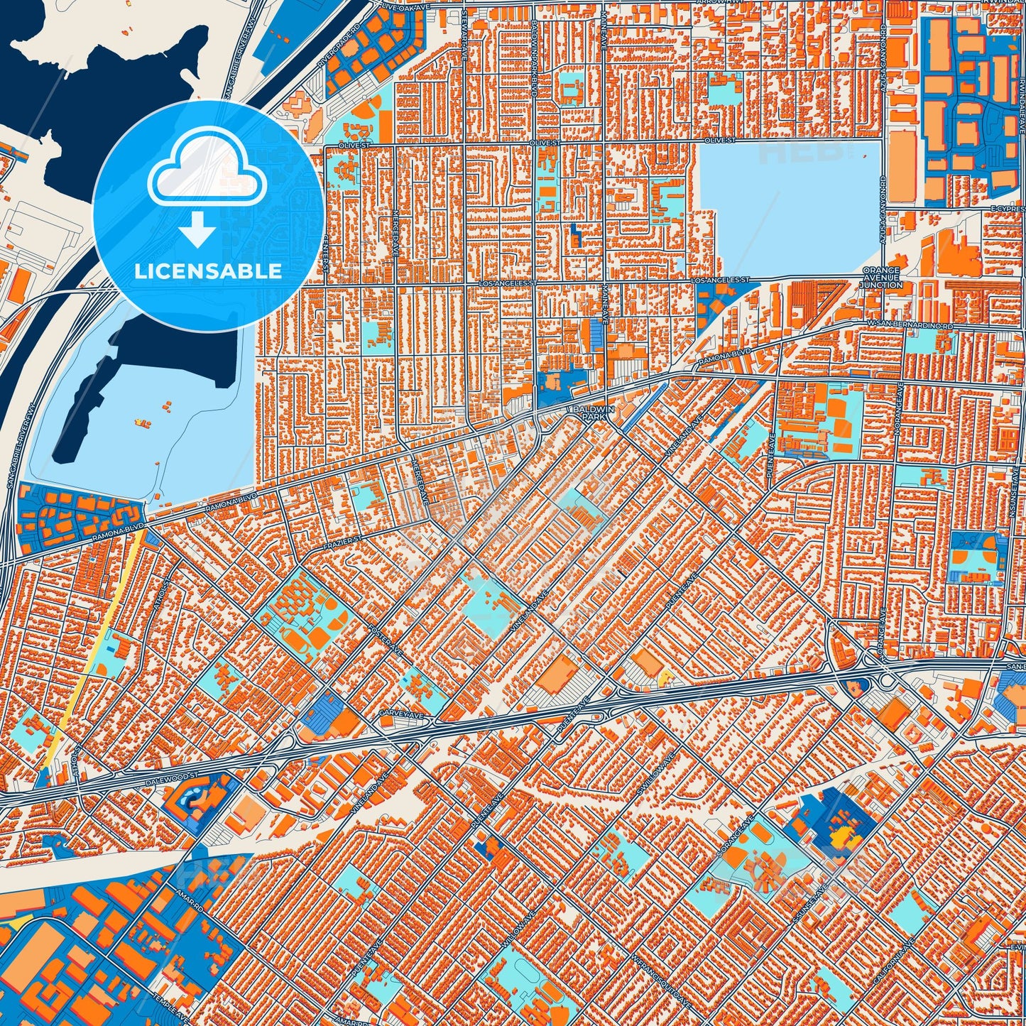 Colorful Baldwin Park Street Map with Labels and Buildings