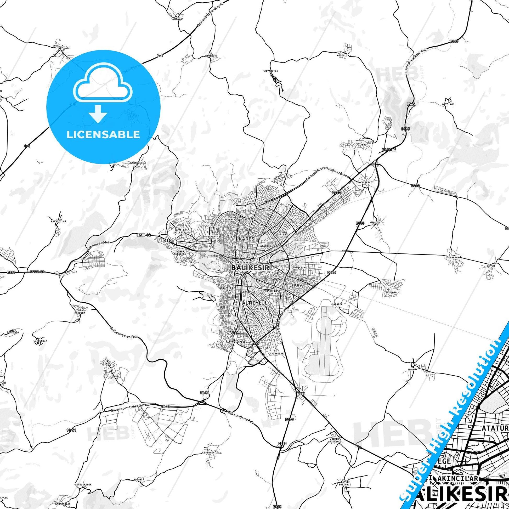 Balıkesir, Turkey light map with streetnames, citynames and districts