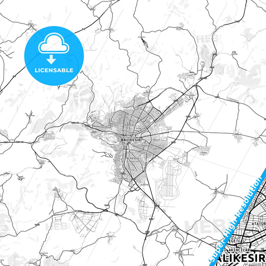 Balıkesir, Turkey light map with streetnames, citynames and districts