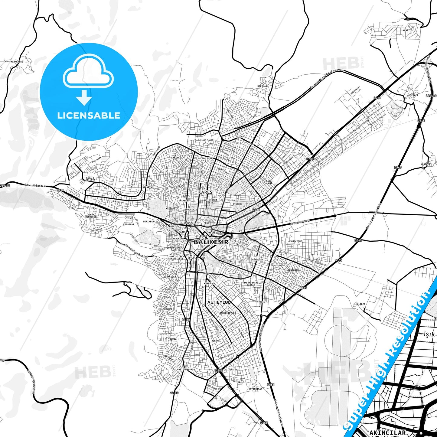 Balıkesir, Turkey Light Map with Street Names, City Names, and Districts