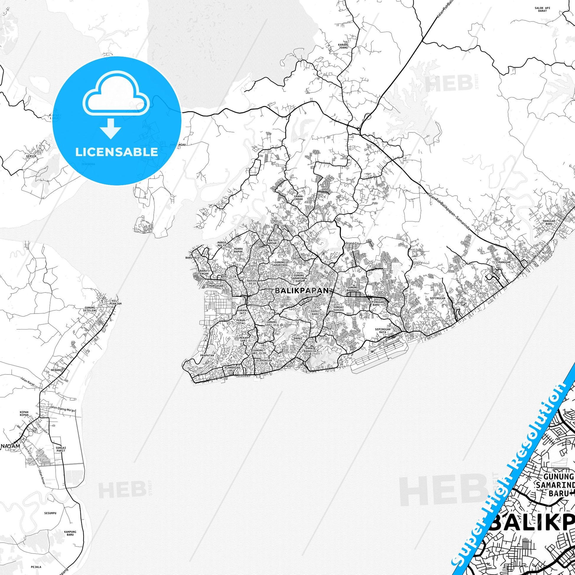Balikpapan, Indonesia light map with streetnames, citynames and districts