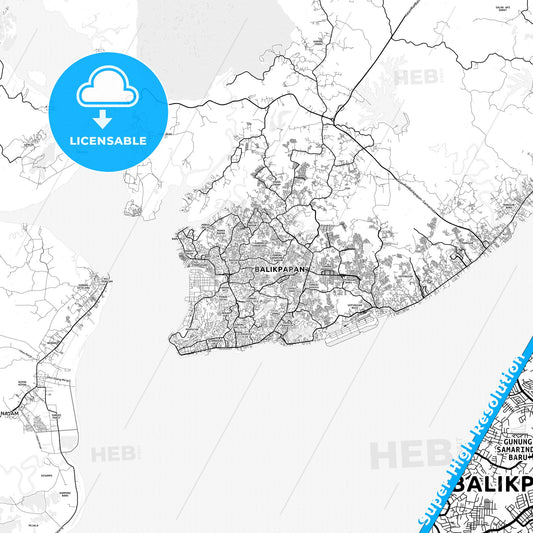 Balikpapan, Indonesia light map with streetnames, citynames and districts