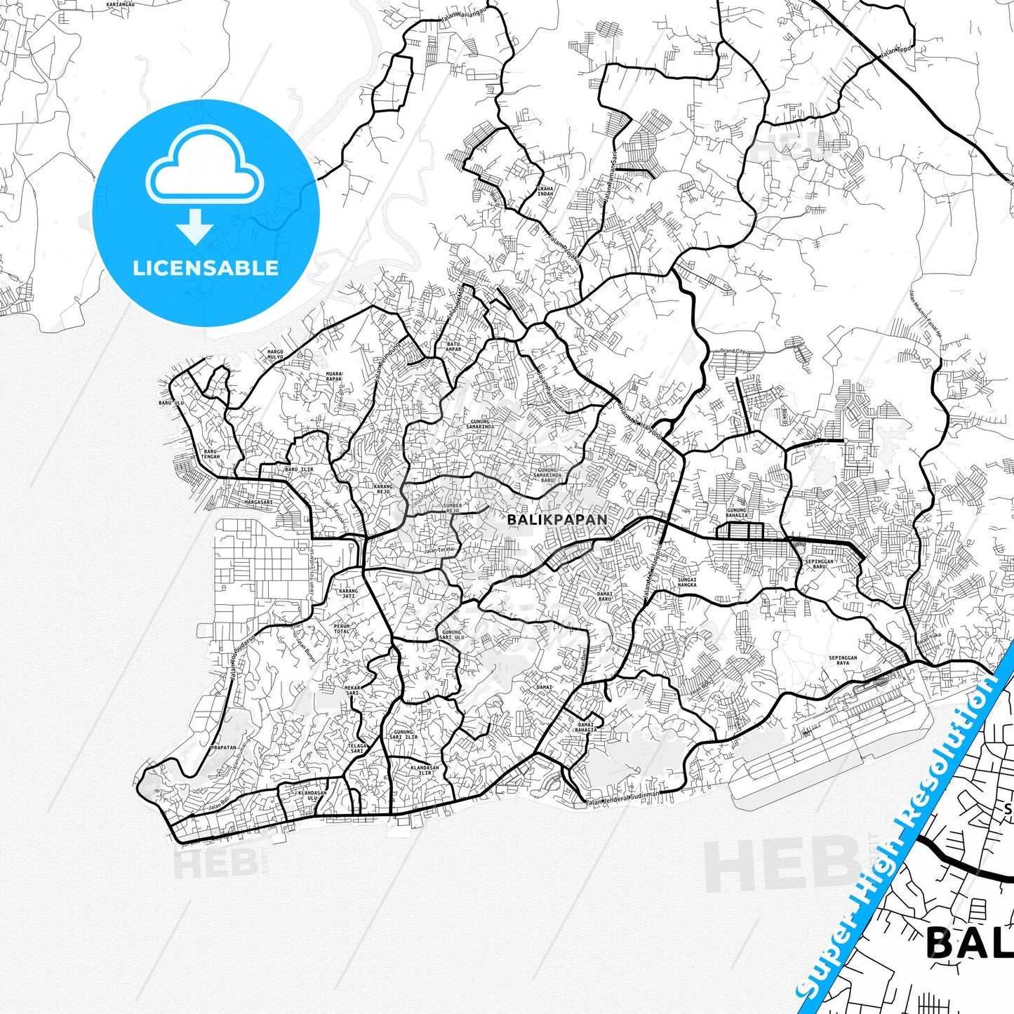 Balikpapan, Indonesia Light Map with Street Names, City Names, and Districts