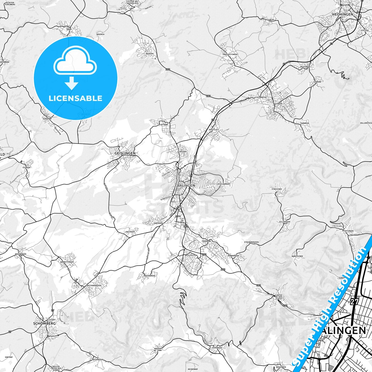 Balingen, Germany light map with streetnames, citynames and districts