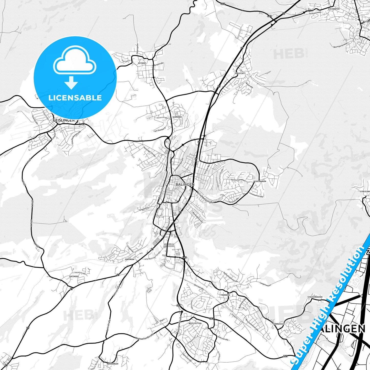 Balingen, Germany Light Map with Street Names, City Names, and Districts