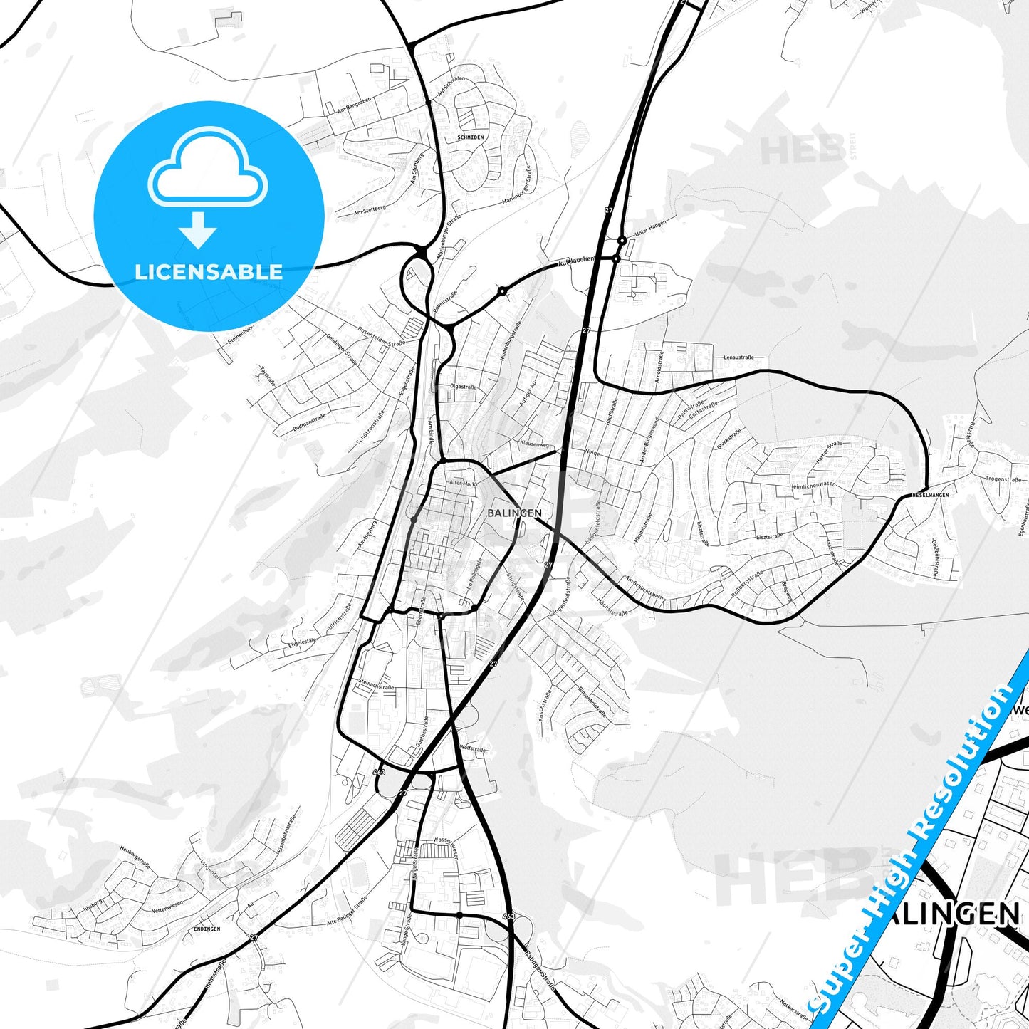Balingen, Germany Light Map with Street Names, City Names, and Districts