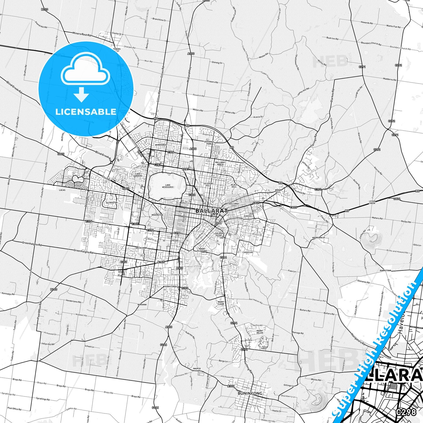 Ballarat, Australia light map with streetnames, citynames and districts