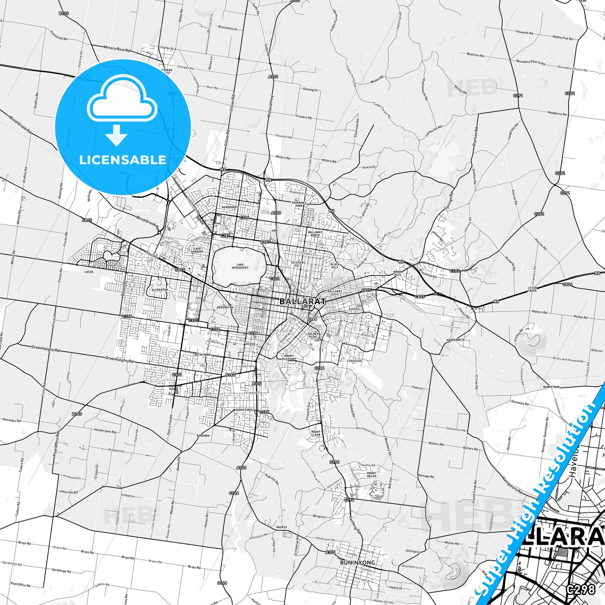 Ballarat, Australia light map with streetnames, citynames and districts