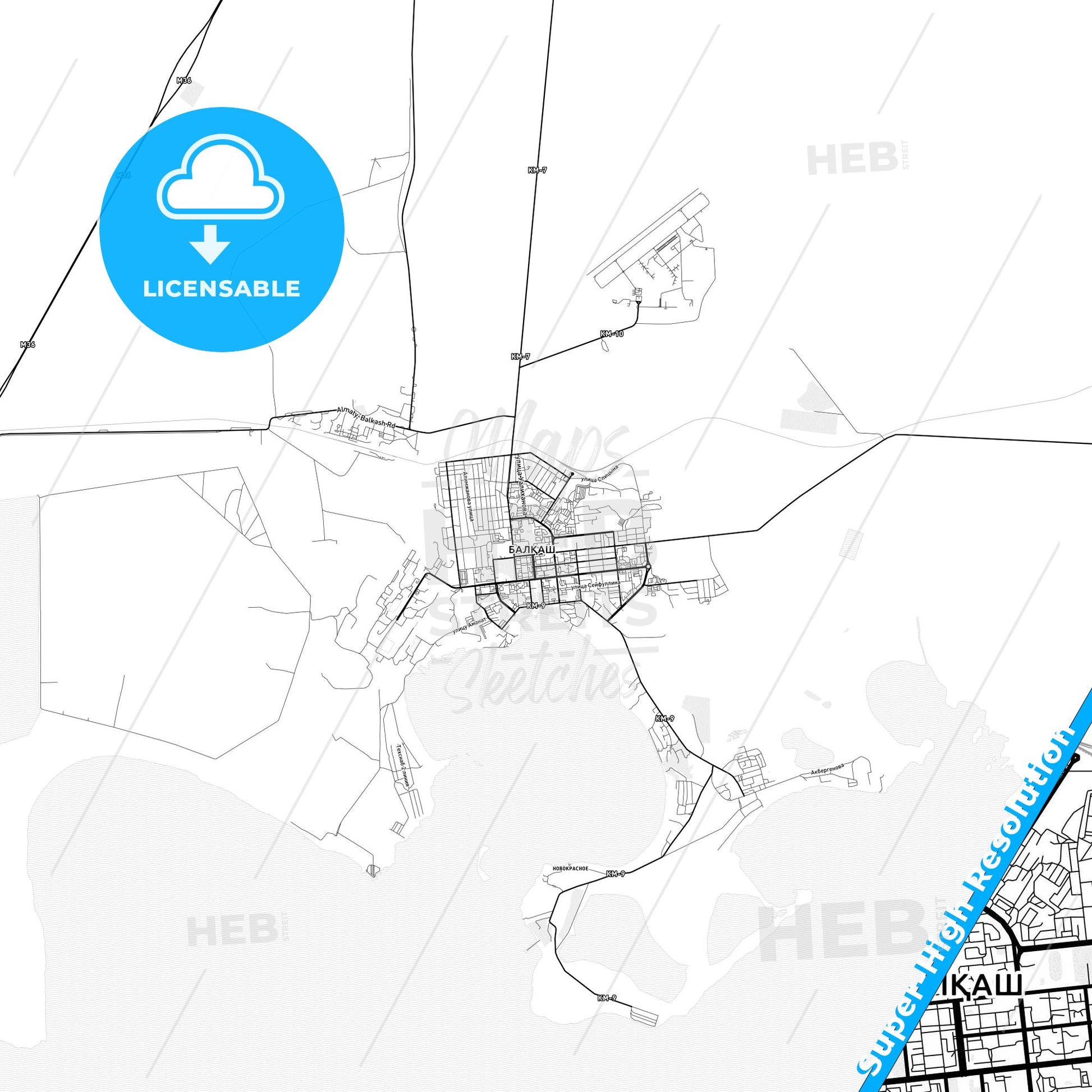 Balqash, Kazakhstan light map with streetnames, citynames and districts