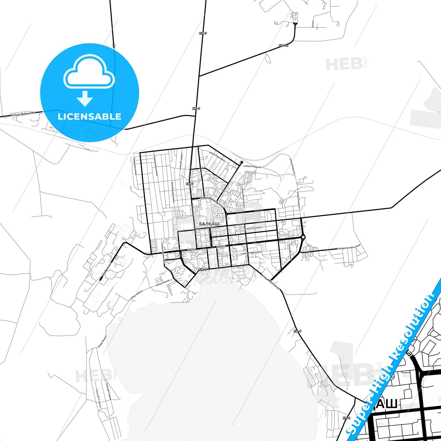 Balqash, Kazakhstan Light Map with Street Names, City Names, and Districts