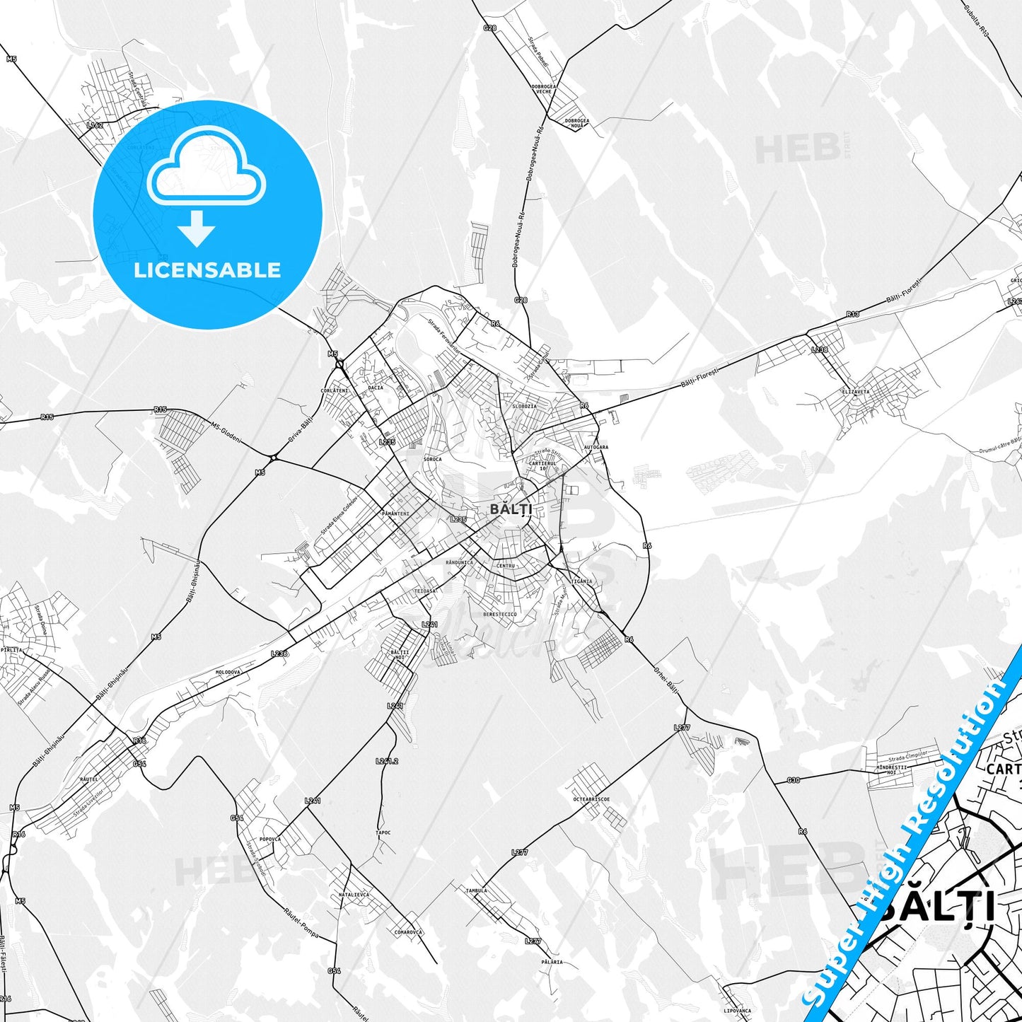 Bălți, Moldova light map with streetnames, citynames and districts