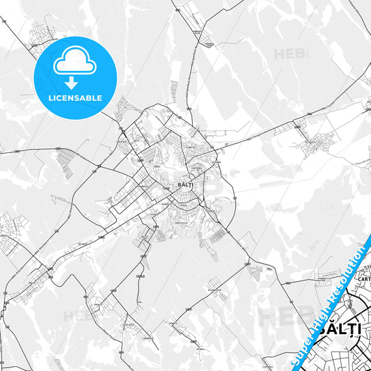 Bălți, Moldova light map with streetnames, citynames and districts