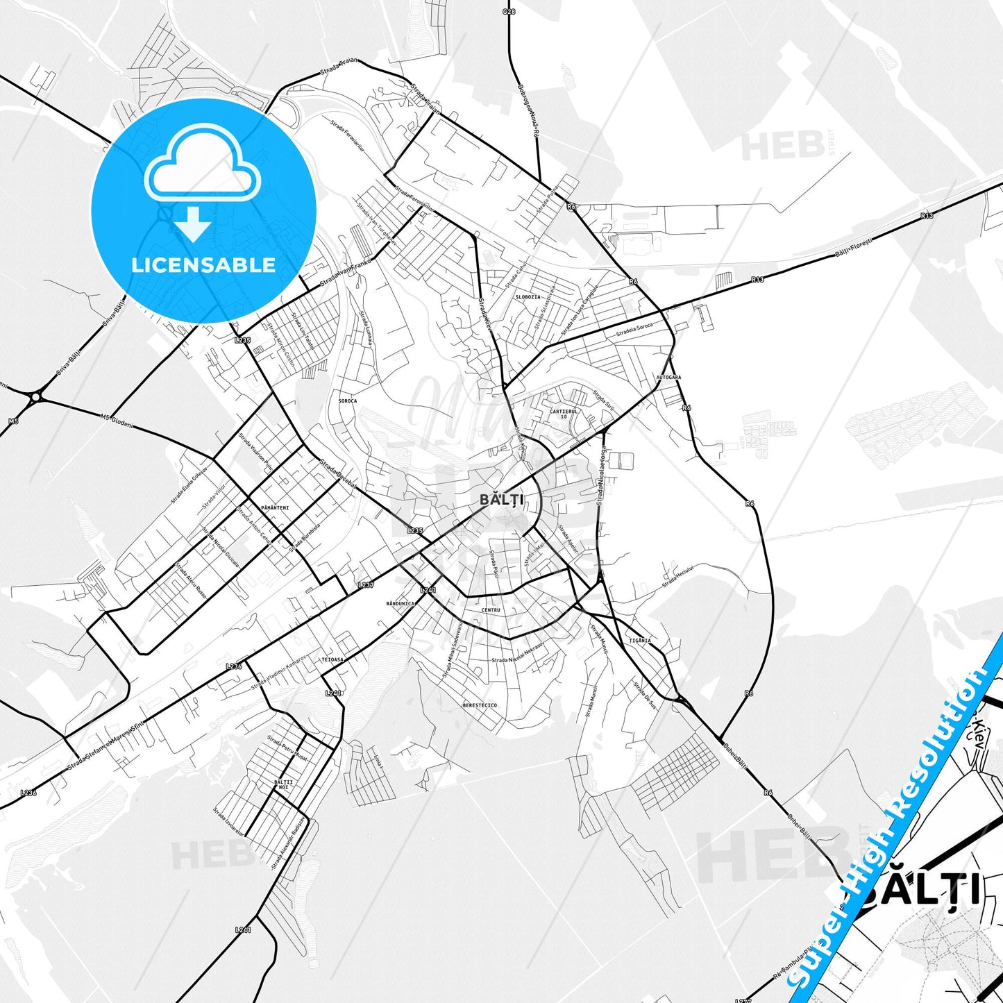 Bălți, Moldova Light Map with Street Names, City Names, and Districts