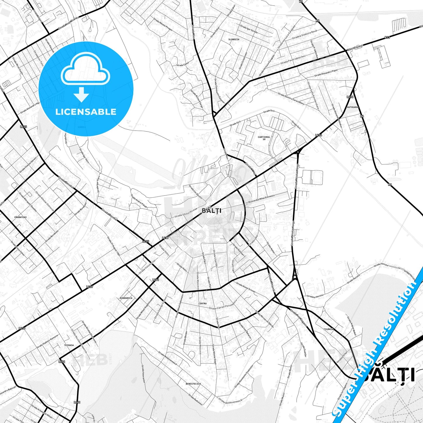 Bălți, Moldova Light Map with Street Names, City Names, and Districts