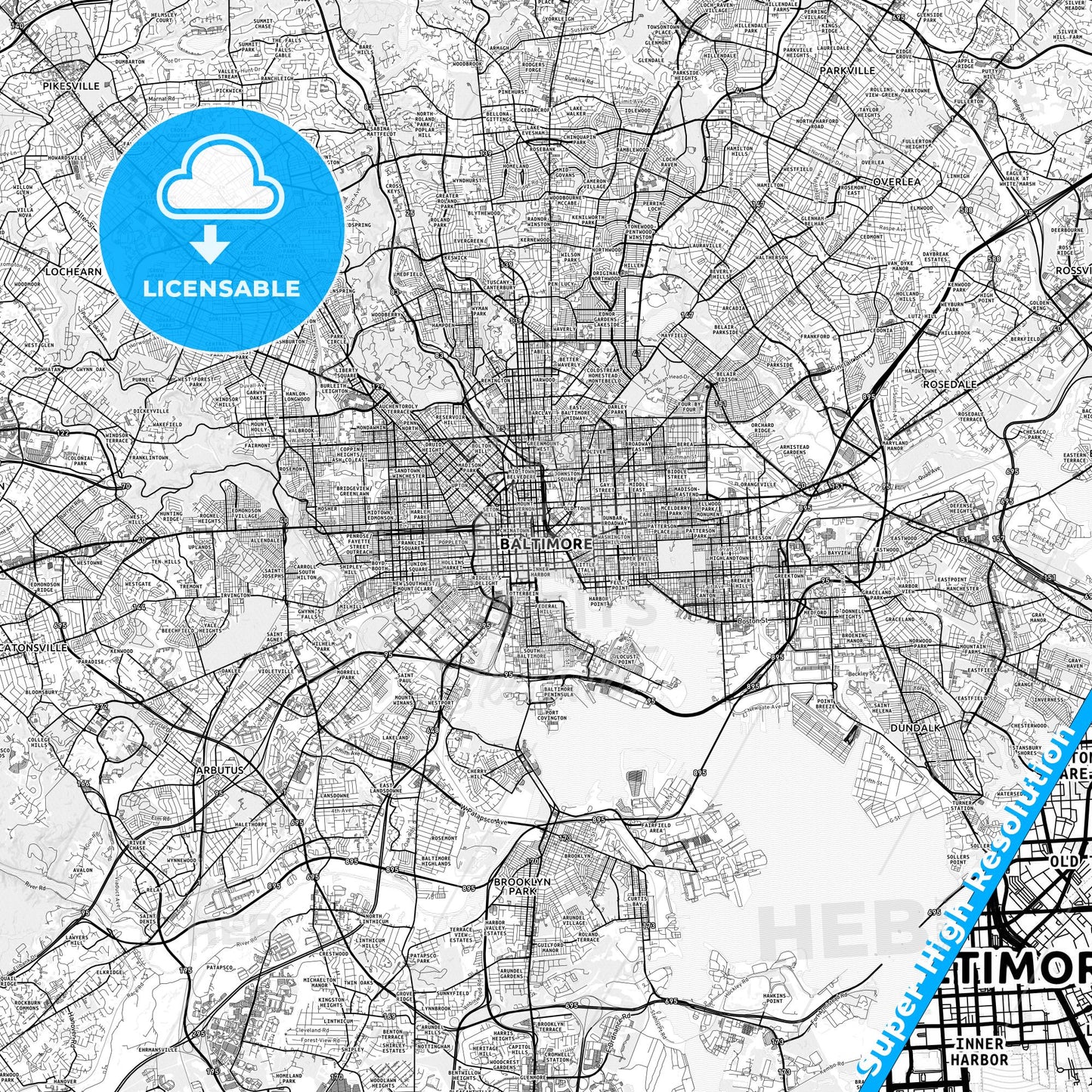 Baltimore, Maryland light map with streetnames, citynames and districts