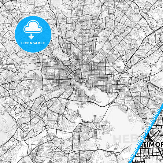 Baltimore, Maryland light map with streetnames, citynames and districts