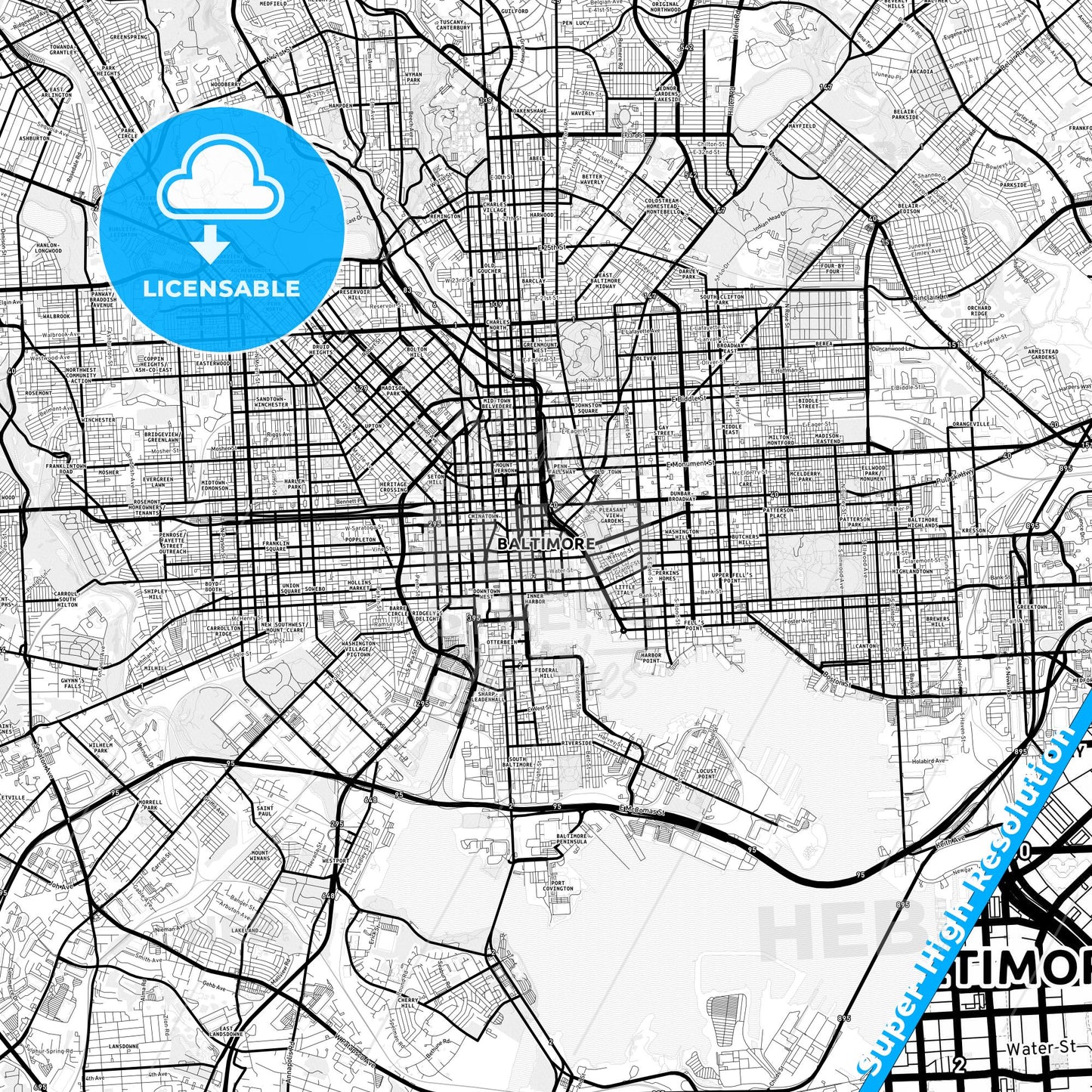 Baltimore, Maryland Light Map with Street Names, City Names, and Districts