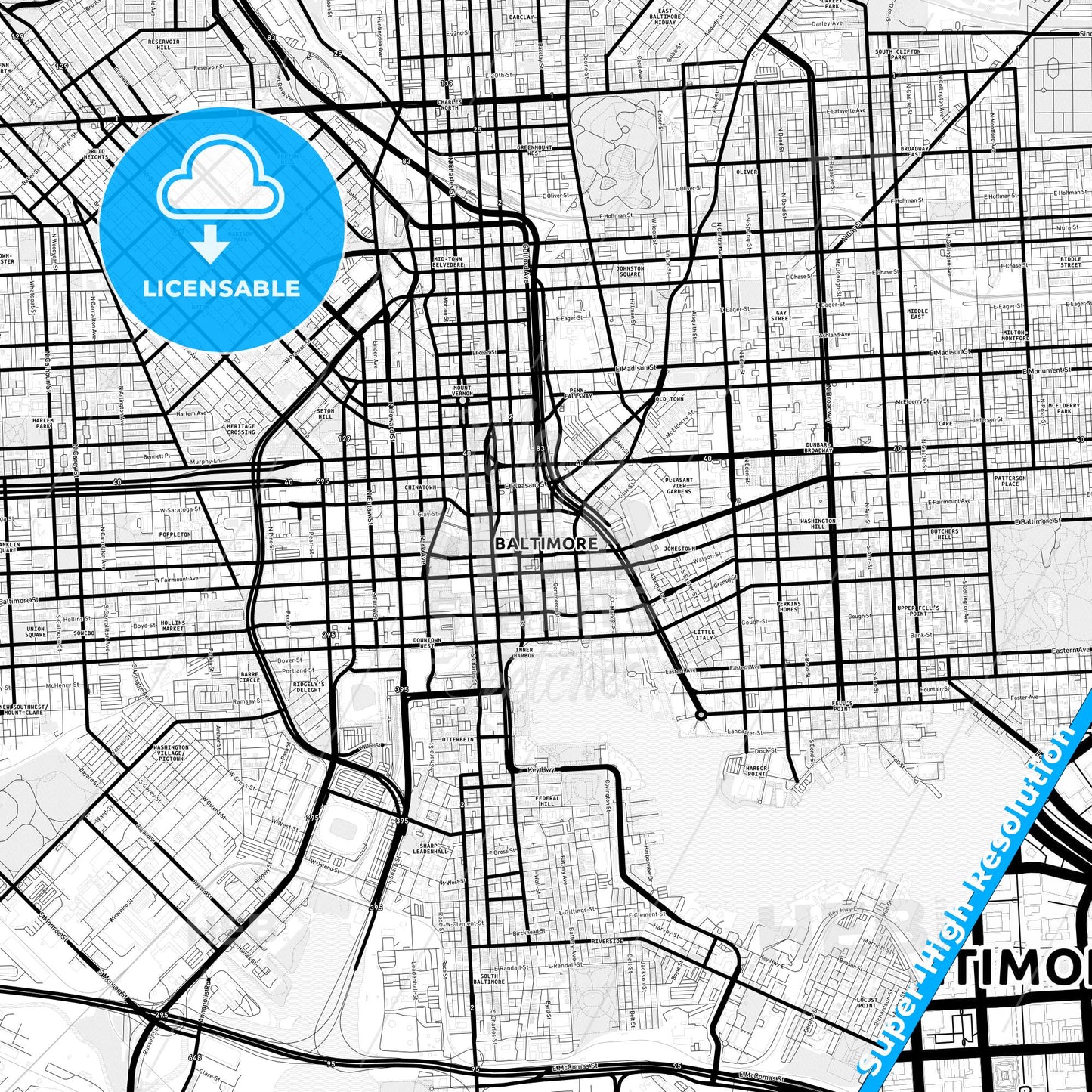 Baltimore, Maryland Light Map with Street Names, City Names, and Districts