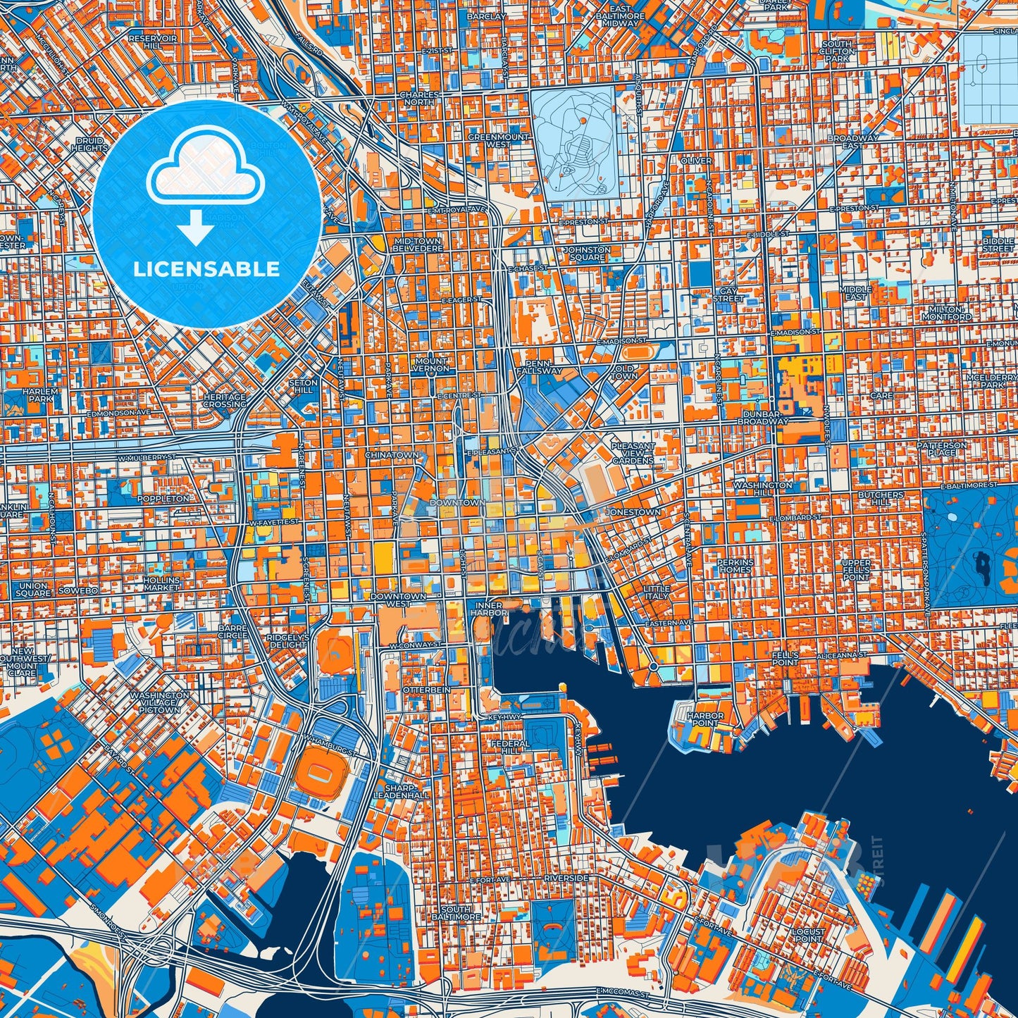 Colorful Baltimore Street Map with Labels and Buildings