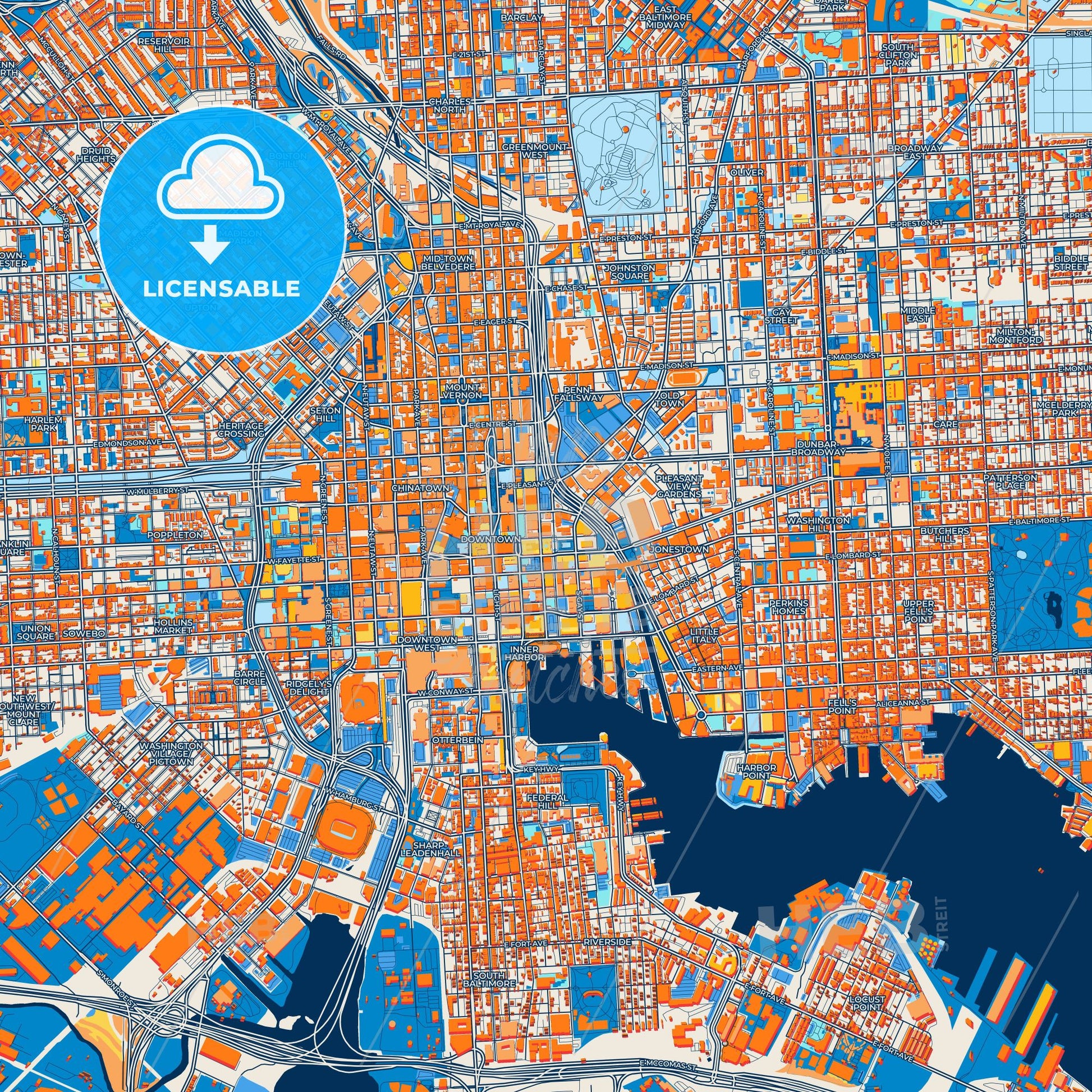 Colorful Baltimore Street Map with Labels and Buildings