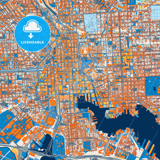 Colorful Baltimore Street Map with Labels and Buildings