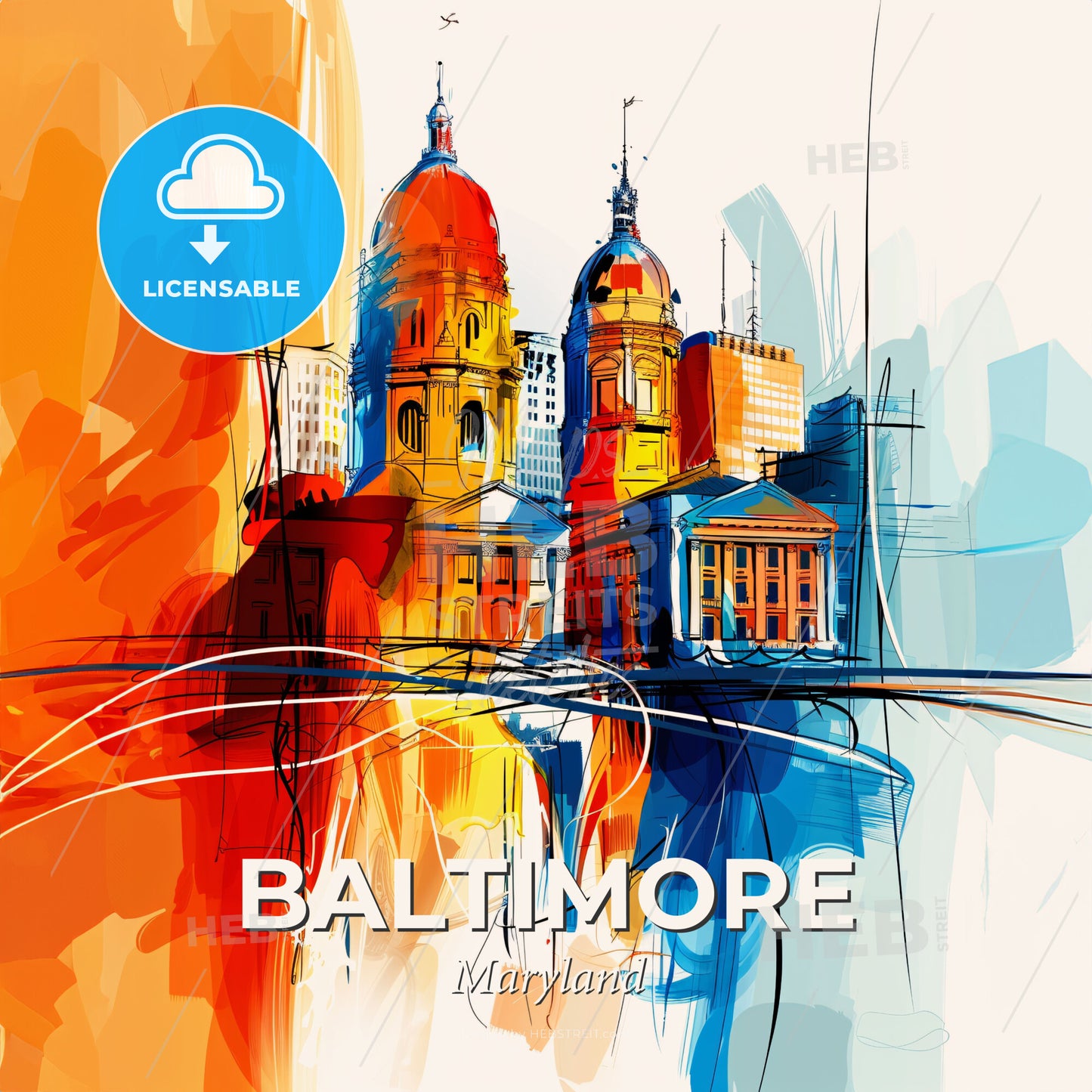 Vibrant Baltimore, Maryland - A Colorful Cityscape With Buildings And Towers - Square format print template