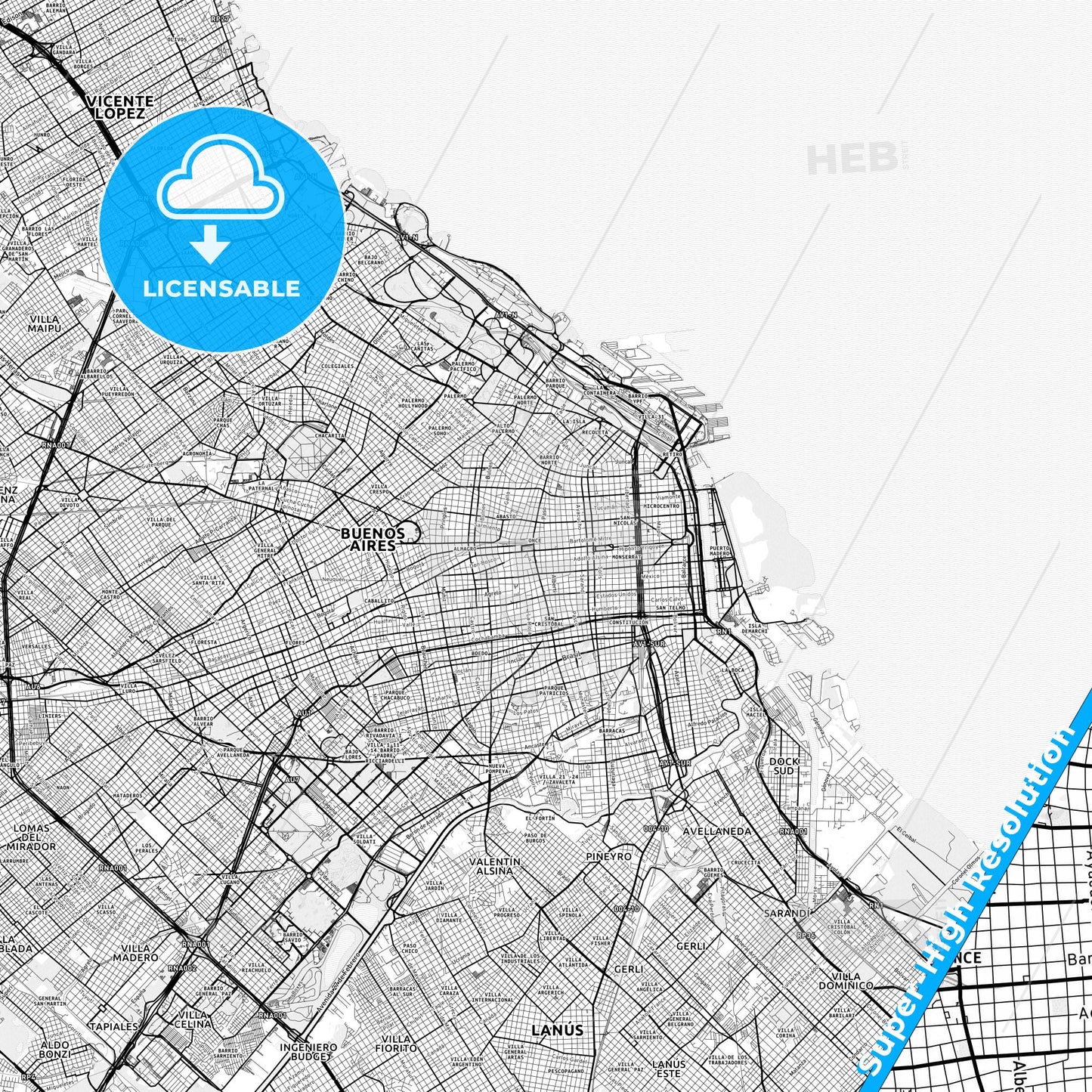 Balvanera, Argentina light map with streetnames, citynames and districts