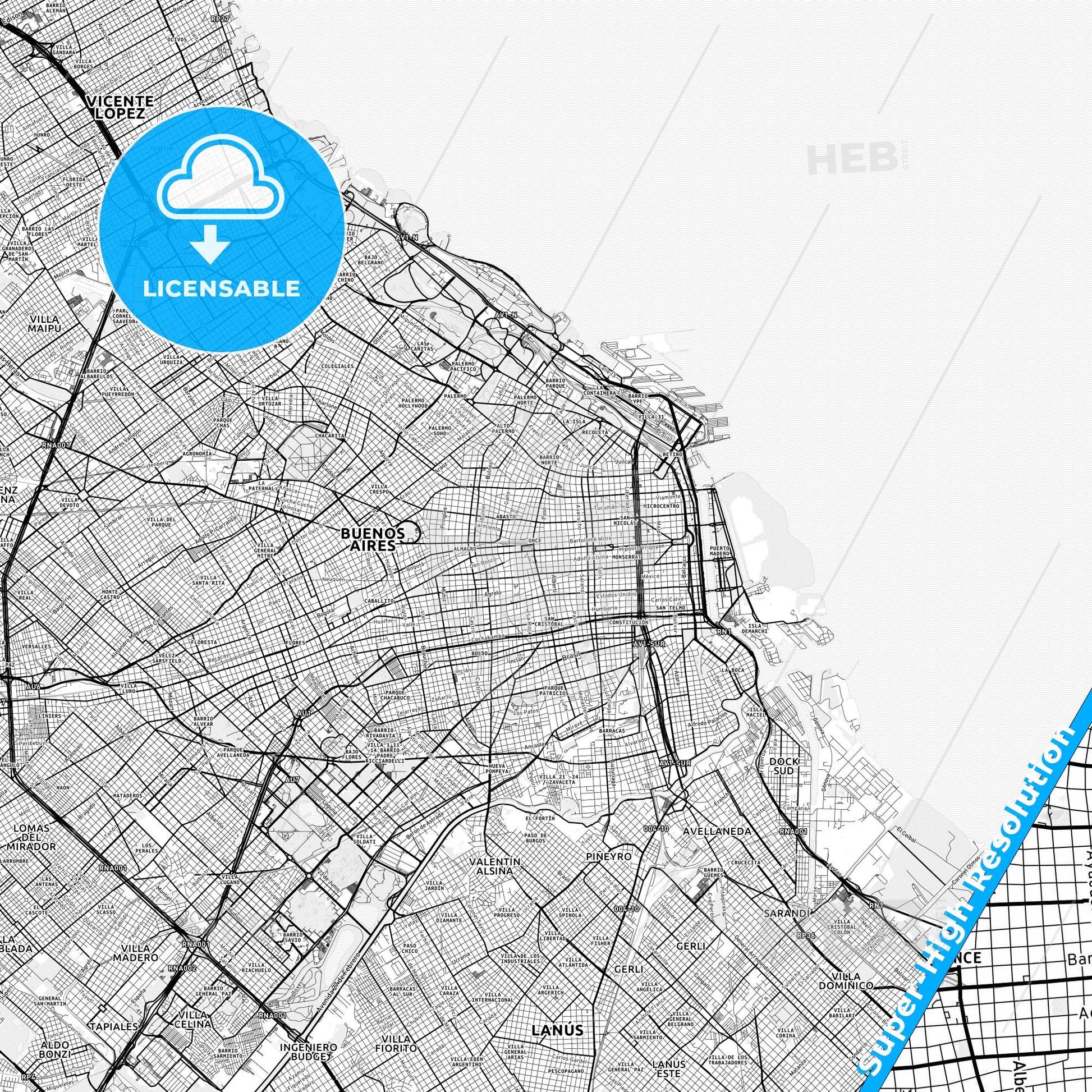 Balvanera, Argentina light map with streetnames, citynames and districts