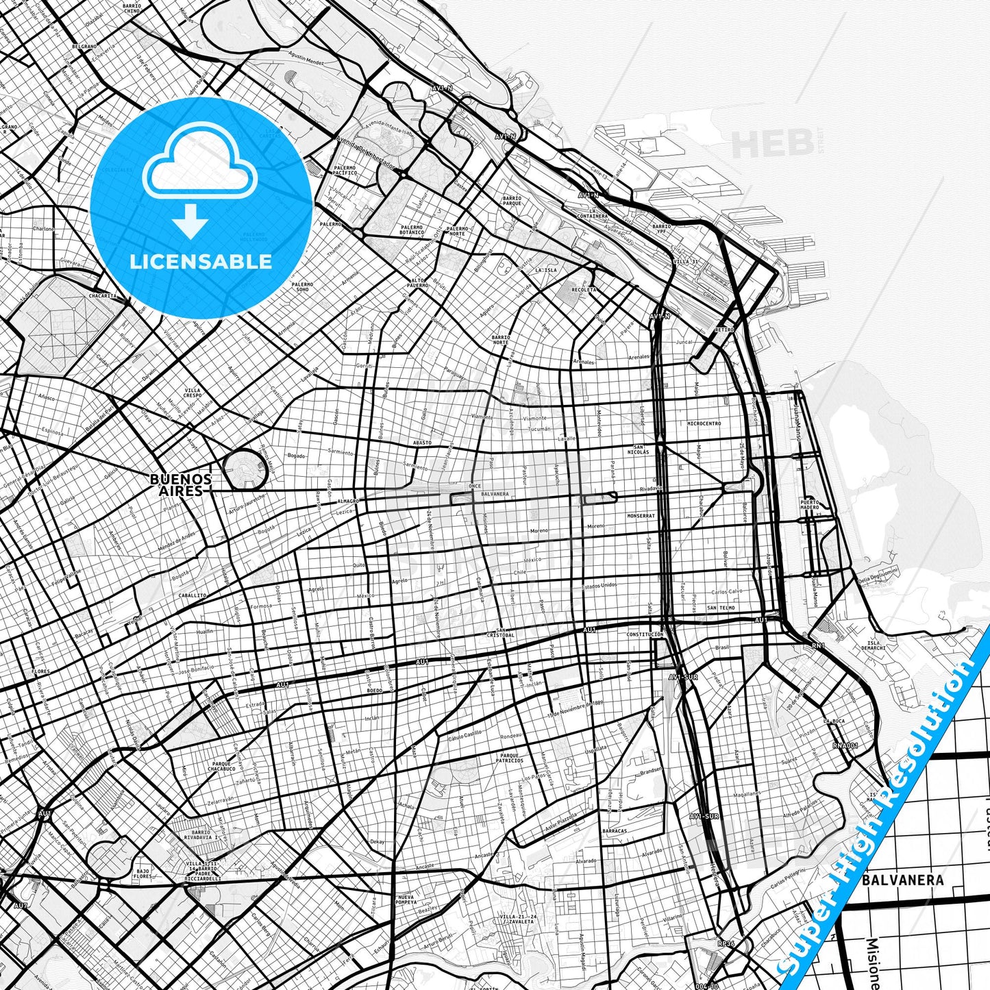 Balvanera, Argentina Light Map with Street Names, City Names, and Districts