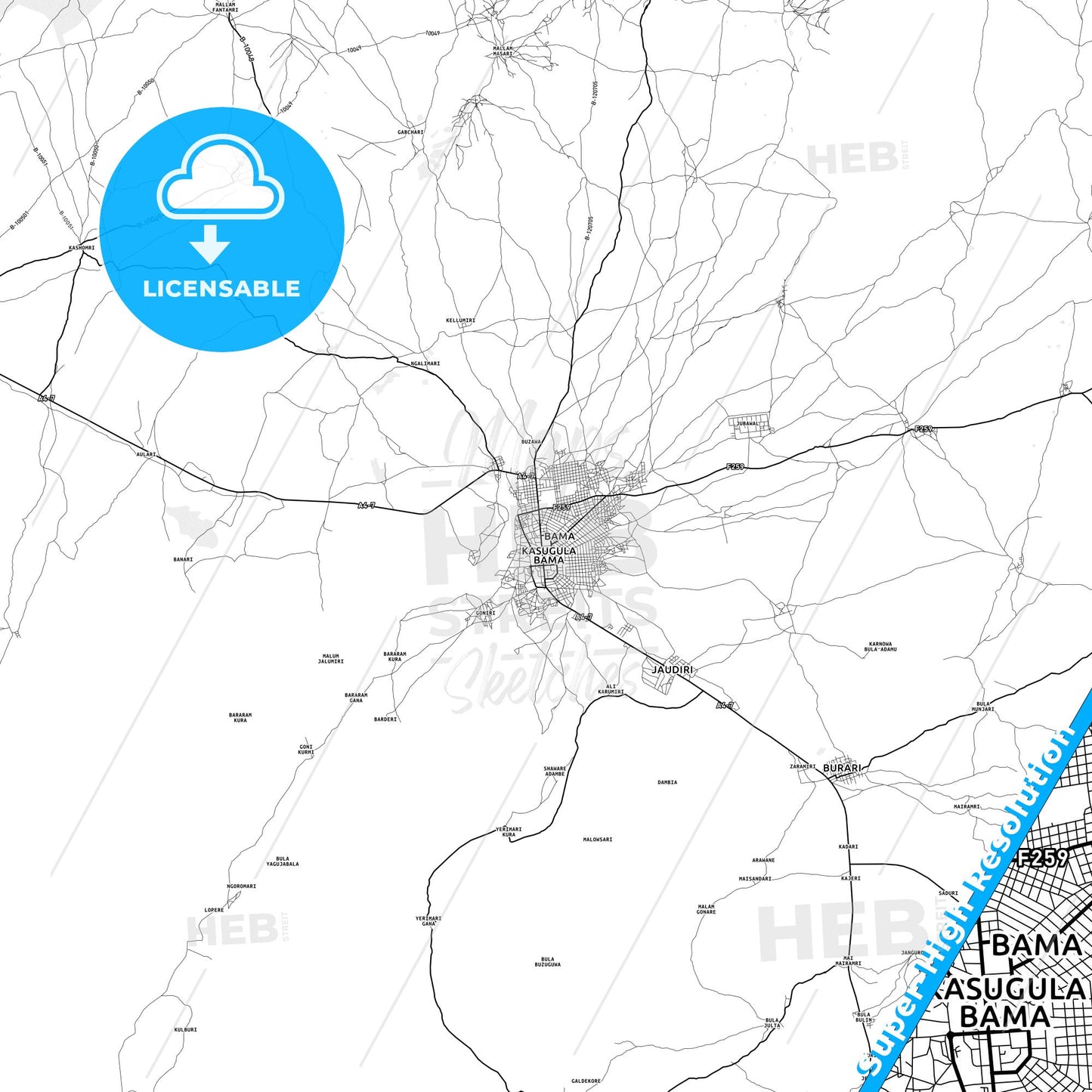 Bama, Nigeria light map with streetnames, citynames and districts