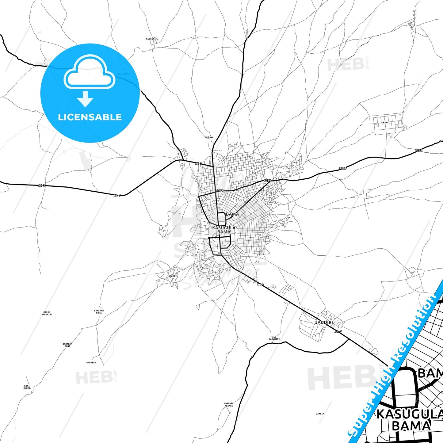 Bama, Nigeria Light Map with Street Names, City Names, and Districts