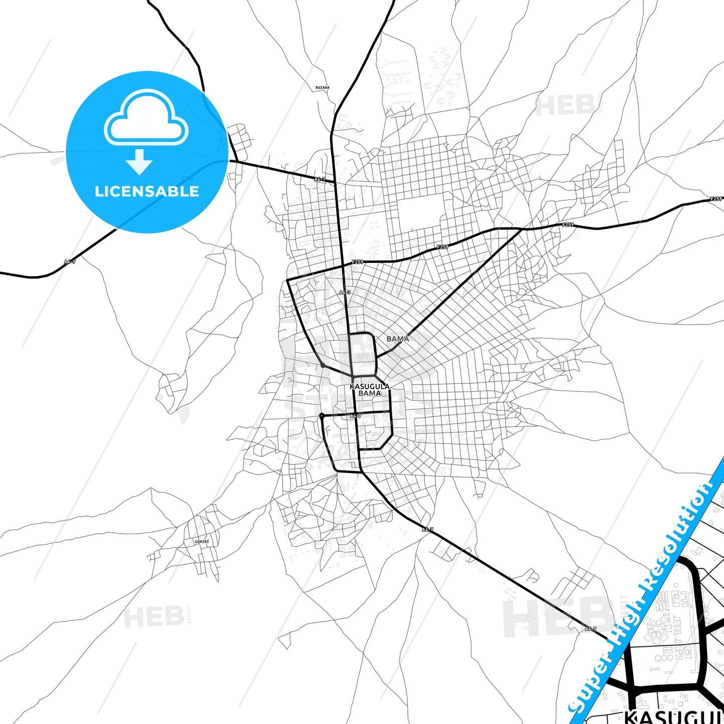 Bama, Nigeria Light Map with Street Names, City Names, and Districts