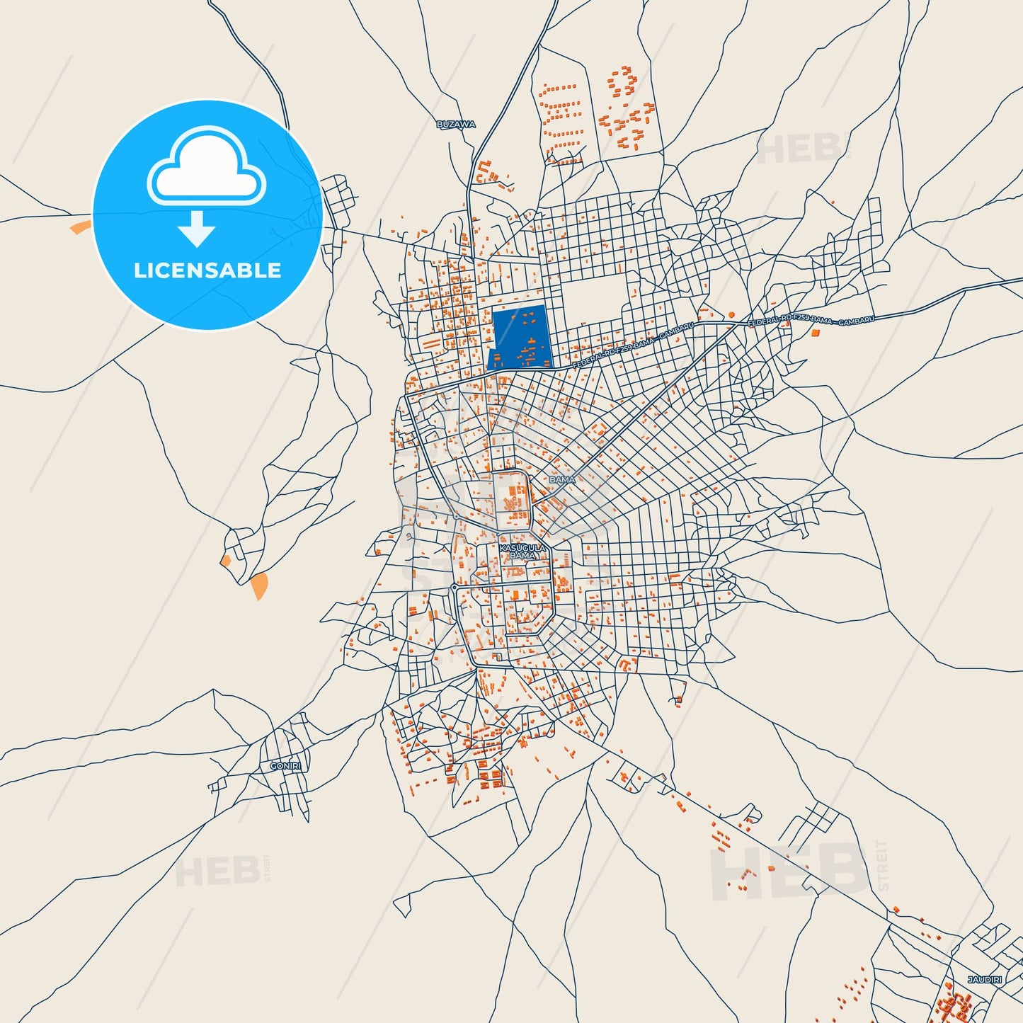 Colorful Bama Street Map with Labels and Buildings