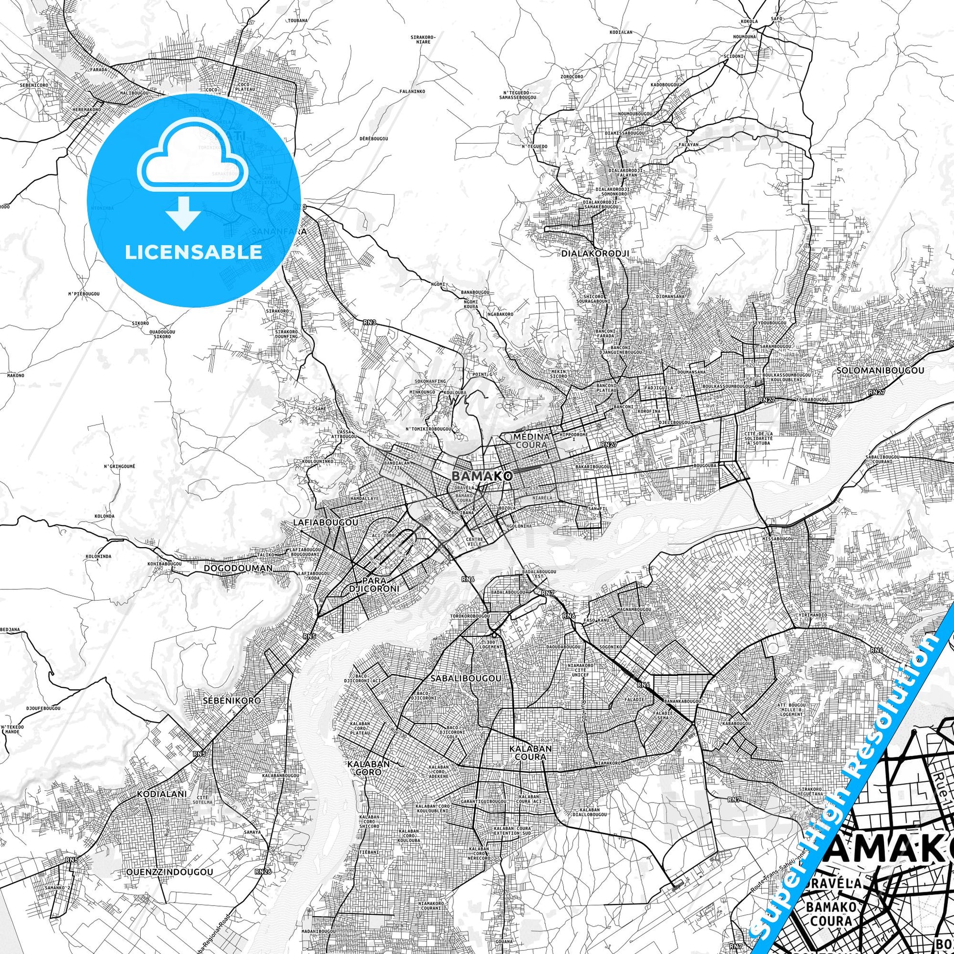 Bamako, Mali light map with streetnames, citynames and districts