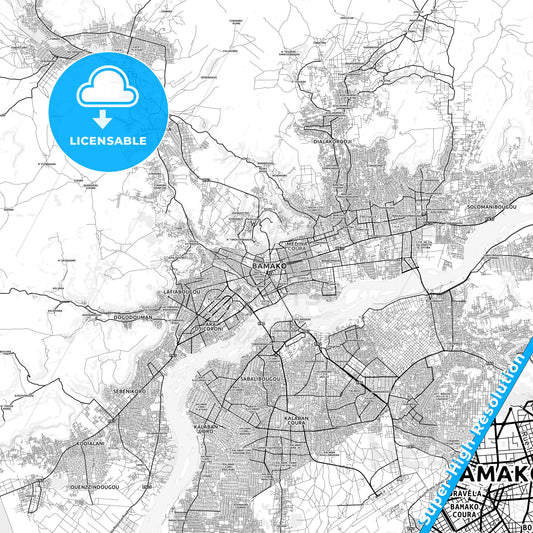 Bamako, Mali light map with streetnames, citynames and districts