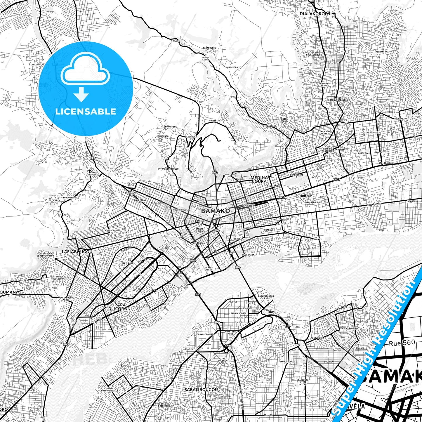 Bamako, Mali Light Map with Street Names, City Names, and Districts