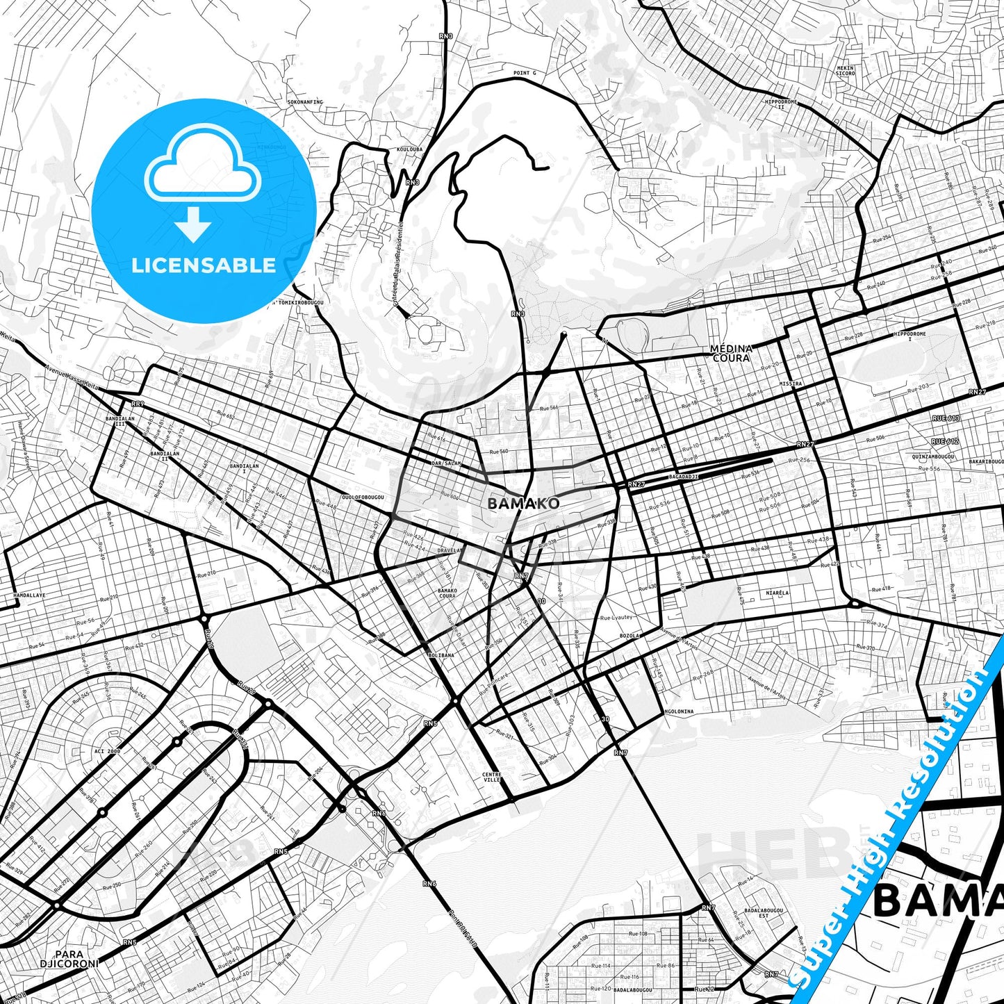 Bamako, Mali Light Map with Street Names, City Names, and Districts