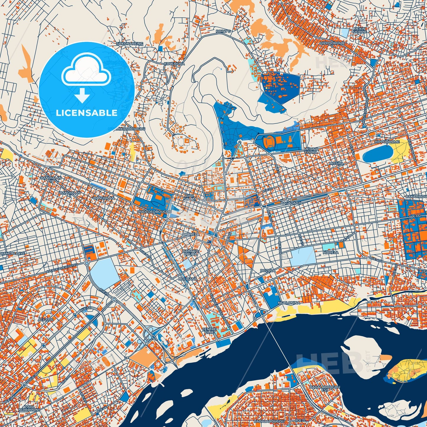 Colorful Bamako Street Map with Labels and Buildings