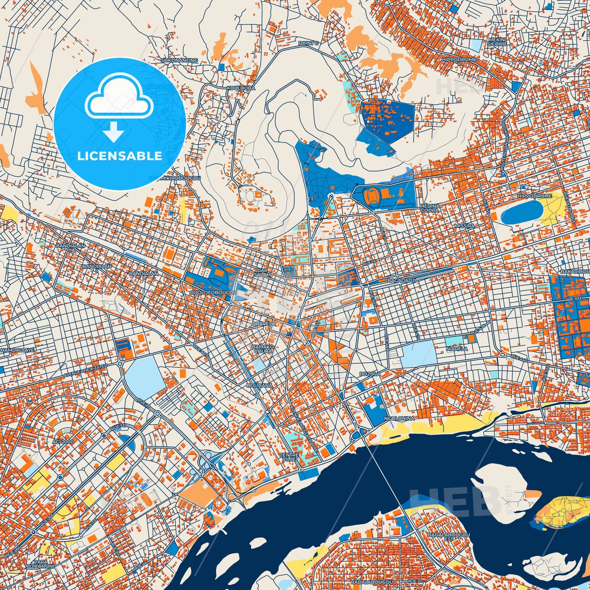 Colorful Bamako Street Map with Labels and Buildings