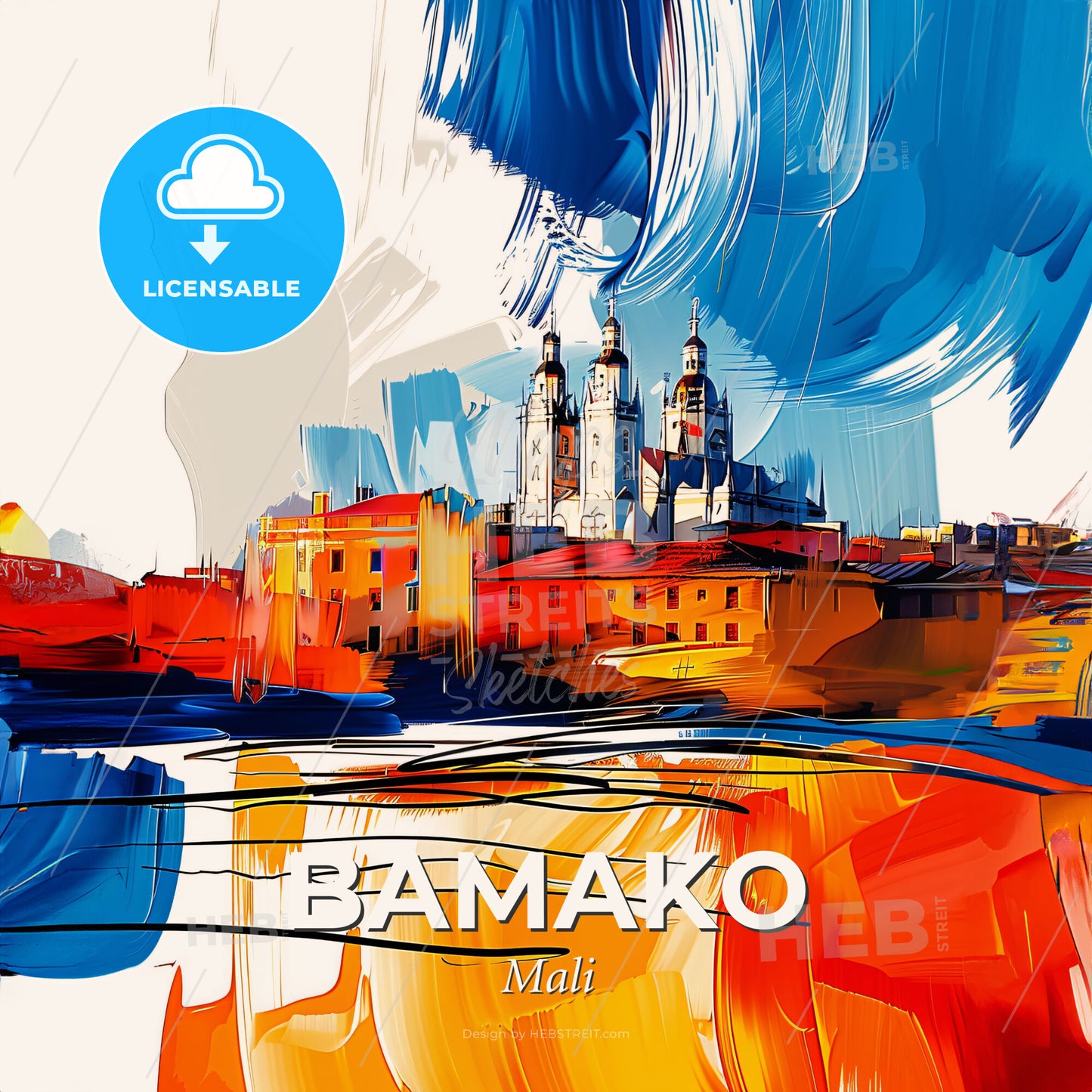 Vibrant Bamako, Mali - A Painting Of A City With Buildings And Blue And Orange Paint - Square format print template