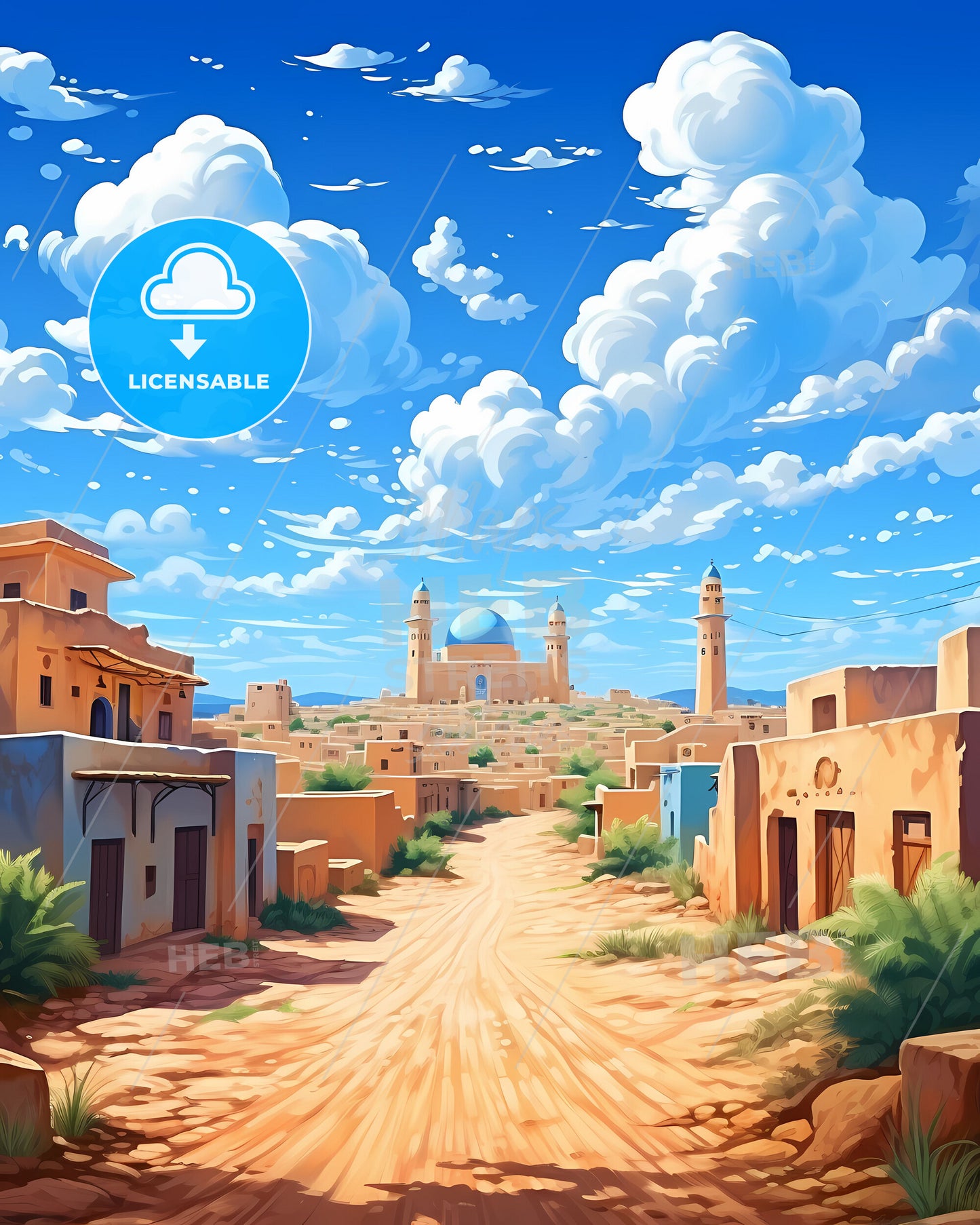 Bamako Skyline, Mali Road Scene, Vibrant Urban Desert Painting