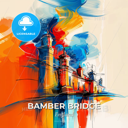 Vibrant Bamber Bridge, England - A Painting Of A Building With Towers And Smoke Coming Out Of It - Square format print template